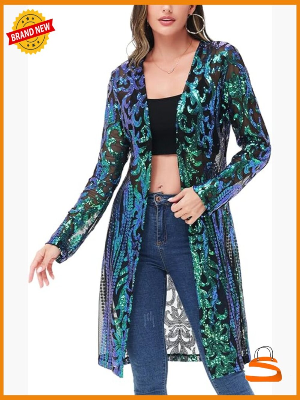 Sparkly Sequin Cardigan Open Front Glitter Kimono Long Sleeve